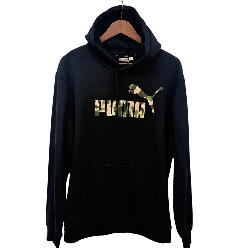 Puma Hoodie Men's L Black Camo Logo Pullover Fleece Hooded Sweatshirt Pocket